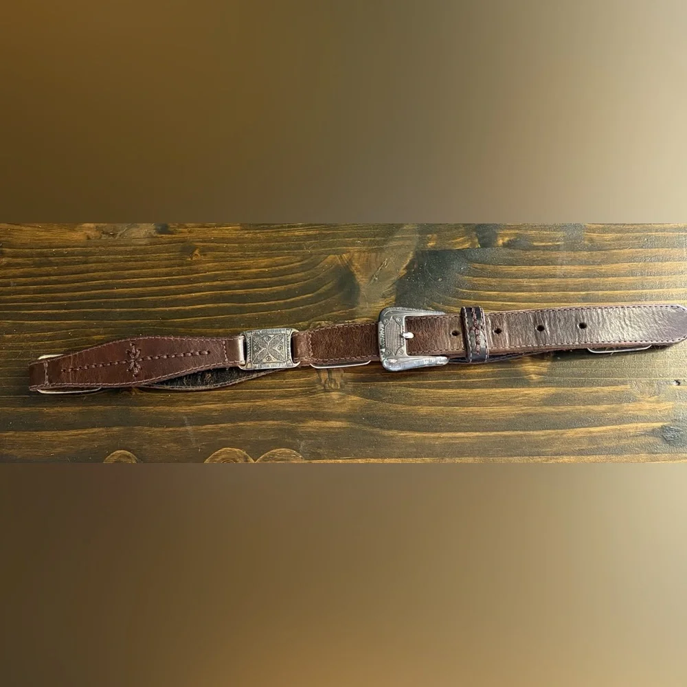 Vintage Fossil 1998 Brown and Silver Tone Leather Belt with Silver Buckle Size M